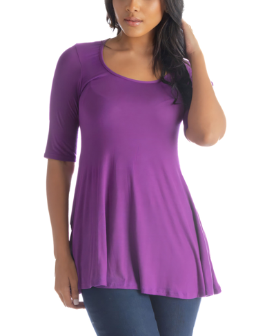 24seven Comfort Apparel Women's Elbow Sleeve Swing Tunic Top In Purple