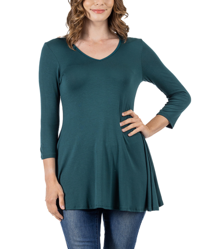 24seven Comfort Apparel Women's Three Quarter Sleeve V-neck Tunic Top In Forest