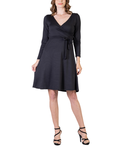 24seven Comfort Apparel Women's Chic V-neck Long Sleeve Belted Dress In Black