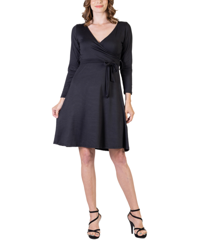 24seven Comfort Apparel Chic V-neck Long Sleeve Belted Dress In Blue