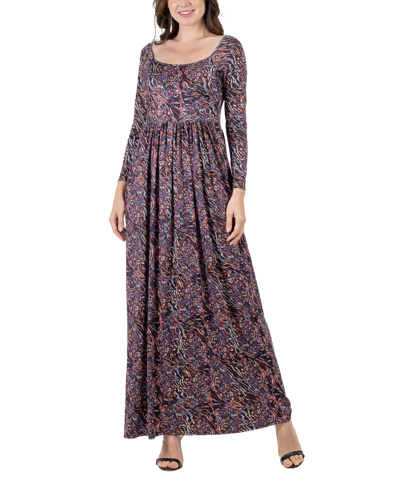24seven Comfort Apparel Plus Size Floral Long Sleeve Pleat Maxi Dress In Red Multi