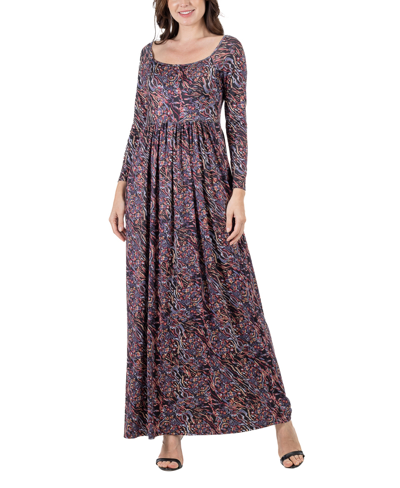 24seven Comfort Apparel Plus Size Floral Long Sleeve Pleat Maxi Dress In Purple Multi