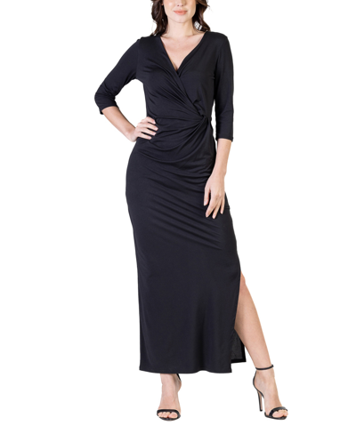 24seven Comfort Apparel Women's Long Sleeve V-neck Side Slit Maxi Dress In Black