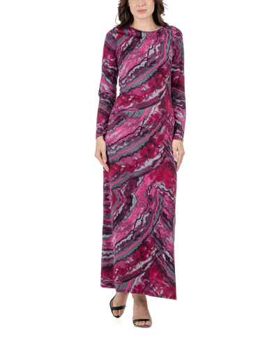 24seven Comfort Apparel Women's Print Long Sleeve Side Slit Maxi Dress In Pink Multi