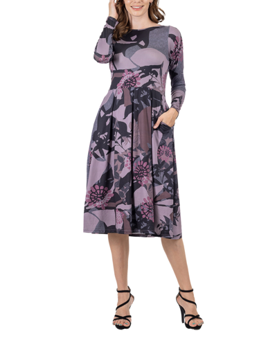 24seven Comfort Apparel Women's Floral Long Sleeve Pleated Pocket Midi Dress In Purple Multi