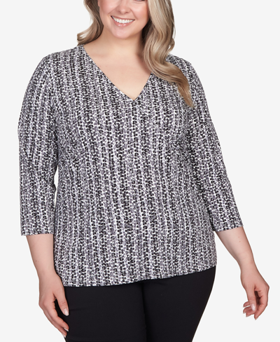 Hearts Of Palm Plus Size All About Olive 3/4 Sleeve Stretch Jersey Top In Black Multi