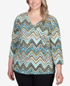 HEARTS OF PALM PLUS SIZE TEAL THE SHOW PRINTED 3/4 SLEEVE TOP