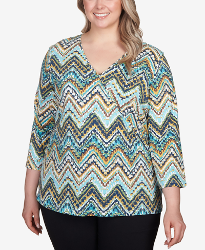 Hearts Of Palm Plus Size Teal The Show Printed 3/4 Sleeve Top In Cocoa Multi