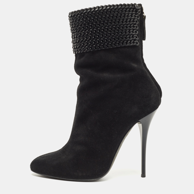 Pre-owned Giuseppe Zanotti Black Suede And Chain Ankle Boots Size 38