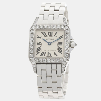 Pre-owned Cartier Ivory 18k White Gold And Diamond Santos Demoiselle Wf9004y8 Quartz Women's Wristwatch 26mm In Cream