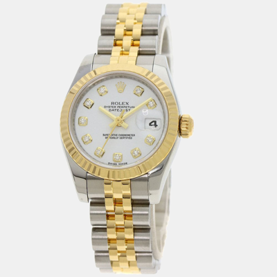 Pre-owned Rolex White Diamonds 18k Yellow Gold And Stainless Steel Datejust 179173g Women's Wristwatch 26 Mm