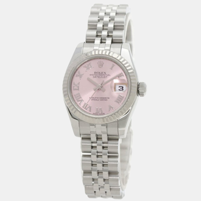 Pre-owned Rolex Pink 18k White Gold And Stainless Steel Datejust 179174 Women's Wristwatch 26 Mm