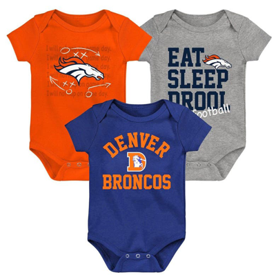Outerstuff Baby Boys And Girls Orange, Navy, Heather Gray Denver Broncos Three-pack Eat, Sleep And Drool Retro In Orange,navy,heather Gray