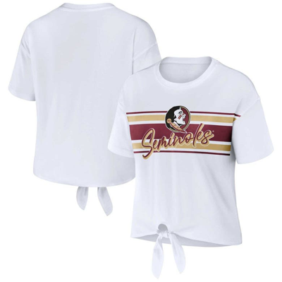 Wear By Erin Andrews White Florida State Seminoles Striped Front Knot Cropped T-shirt