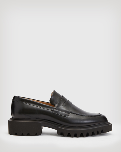 Allsaints Lola Slip On Shiny Leather Loafer Shoes In Black