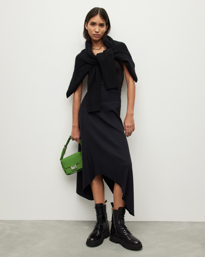Allsaints Gia Asymmetrical Ribbed Midi Skirt In Black