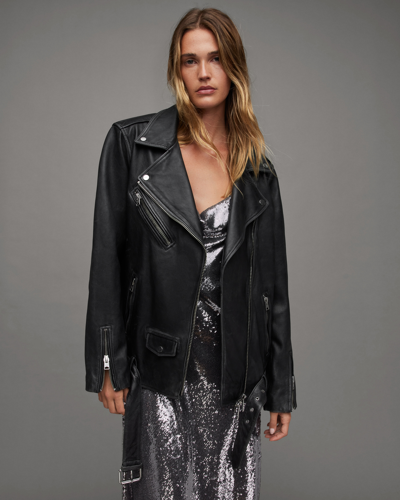 Allsaints Billie Oversized Leather Biker Jacket In Black