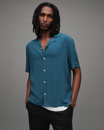 Allsaints Venice Camp Collar Ramskull Shirt In Jade Blue