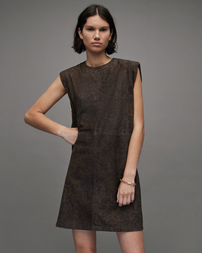 Allsaints Mika Leopard Print Suede Mini Dress In Brown
