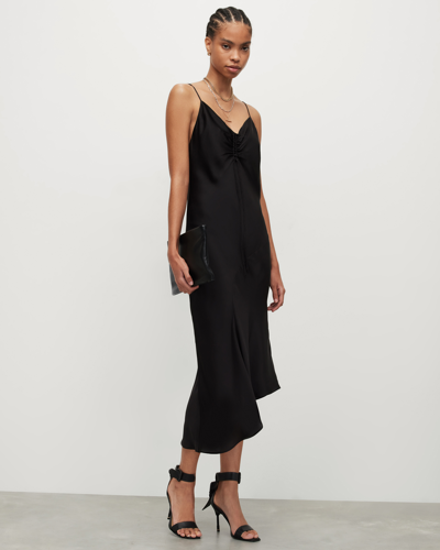 Allsaints Alexia V-neck Drawstring Midi Slip Dress In Black | ModeSens