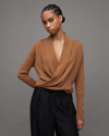 Allsaints Pirate Wrap-over Recycled Cashmere-blend Cardigan In Camel Brown