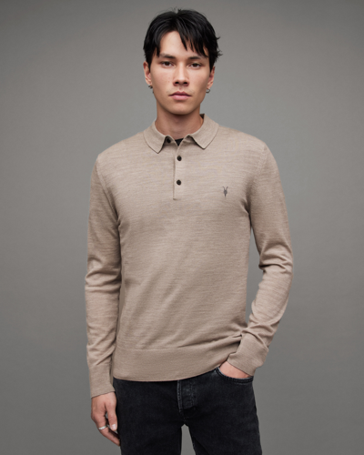Allsaints Mode Merino Long Sleeve Polo Shirt In Stone Taupe Marl