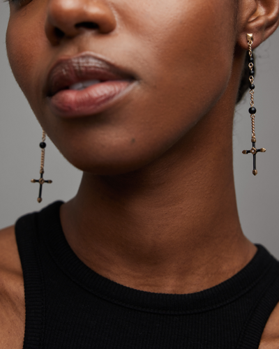 Allsaints Lyra Cross Earrings In Black/warm Brass