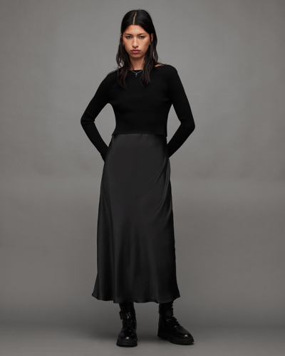 Allsaints 2-in-1 Sassi Midi Dress In Black