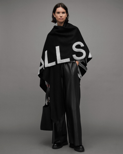 Allsaints Rae Logo Ruana Wool Scarf In Black/white