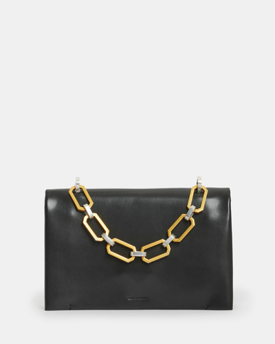 Allsaints Yua Leather Removable Chain Clutch Bag In Black