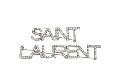Saint Laurent Crystal-embellished Logo Brooch In Argento