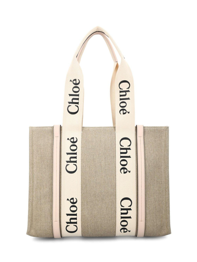 Chloé Woody Logo Printed Medium Tote Bag In Beige