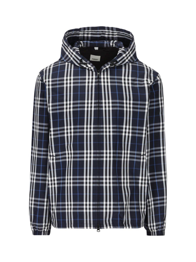 Burberry Checked Hooded Jacket In White,blue