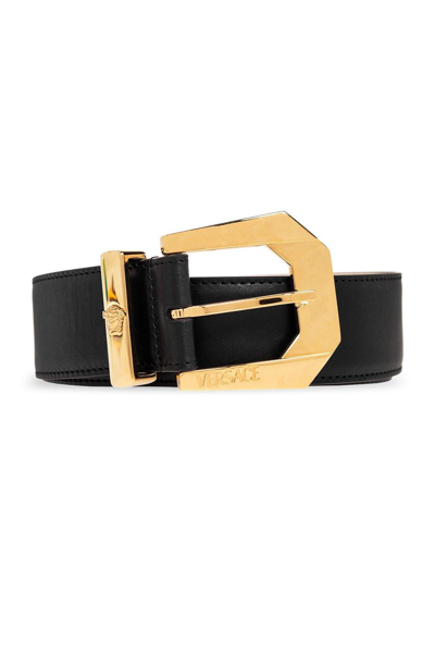 Versace Embossed-logo Gold-tone Belt In Black