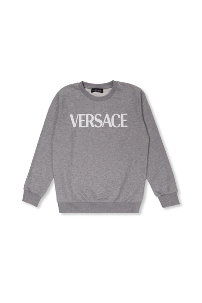 Young Versace Kids' Logo-printed Crewneck Sweatshirt In Grigio Melange Bianco