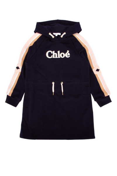 Chloé Kids' Logo Embroidered Drawstring Hooded Dress In Navy
