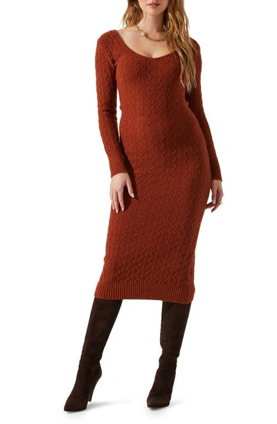 Astr Regina Cutout Long Sleeve Midi Sweater Dress In Rust