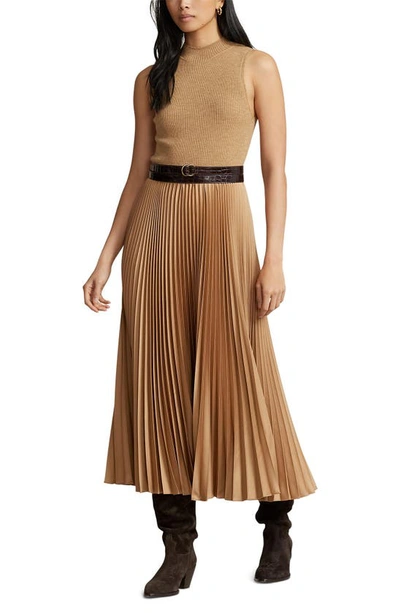 Polo Ralph Lauren Wynna Mixed Media Midi Dress In Collection Camel