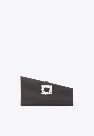 Roger Vivier Asymmetrical Crystal Buckle Satin Clutch In Black