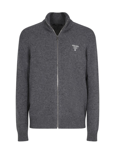 Prada Logo Embroidered Zipped Sweater In Gray