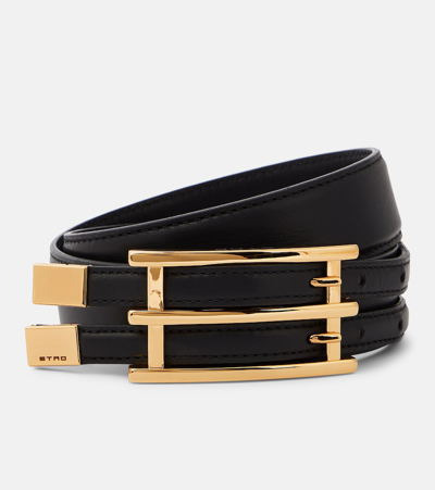 Etro Double Buckle Slim Leather Belt In Black