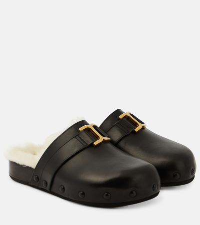 Chloé Marcie Leather Shearling Flat Mules In Black