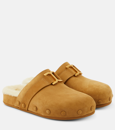 Chloé Marcie Embellished Shearling-lined Nubuck Slippers In Brown