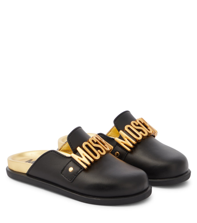 Moschino Kids' Faux-fur Logo Slippers In Black