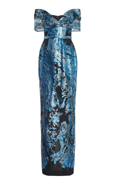 Pamella Roland Sequin Embroidered Tulle Off-the-shoulder Column Gown In Blue