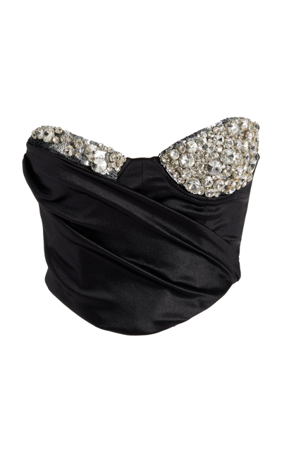Area Cropped Crystal-embellished Draped Satin Bustier Top In Black