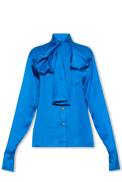 Balmain Bow-neck Button-up Satin Shirt In Blue