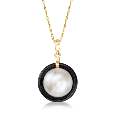 Ross-simons 12mm Cultured Pearl And 16mm Black Onyx Bezel-set Pendant Necklace In 14kt Yellow Gold