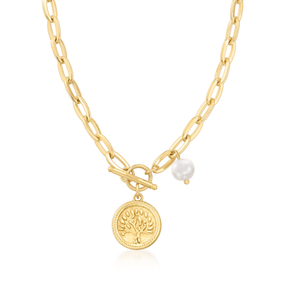 Ross-simons 18kt Gold Over Sterling Tree Of Life Coin Necklace With 7mm Cultured Pearl In White