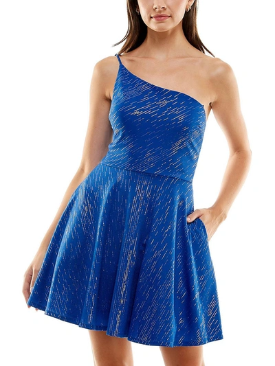City Studio Juniors Womens Shimmer Mini Fit & Flare Dress In Blue